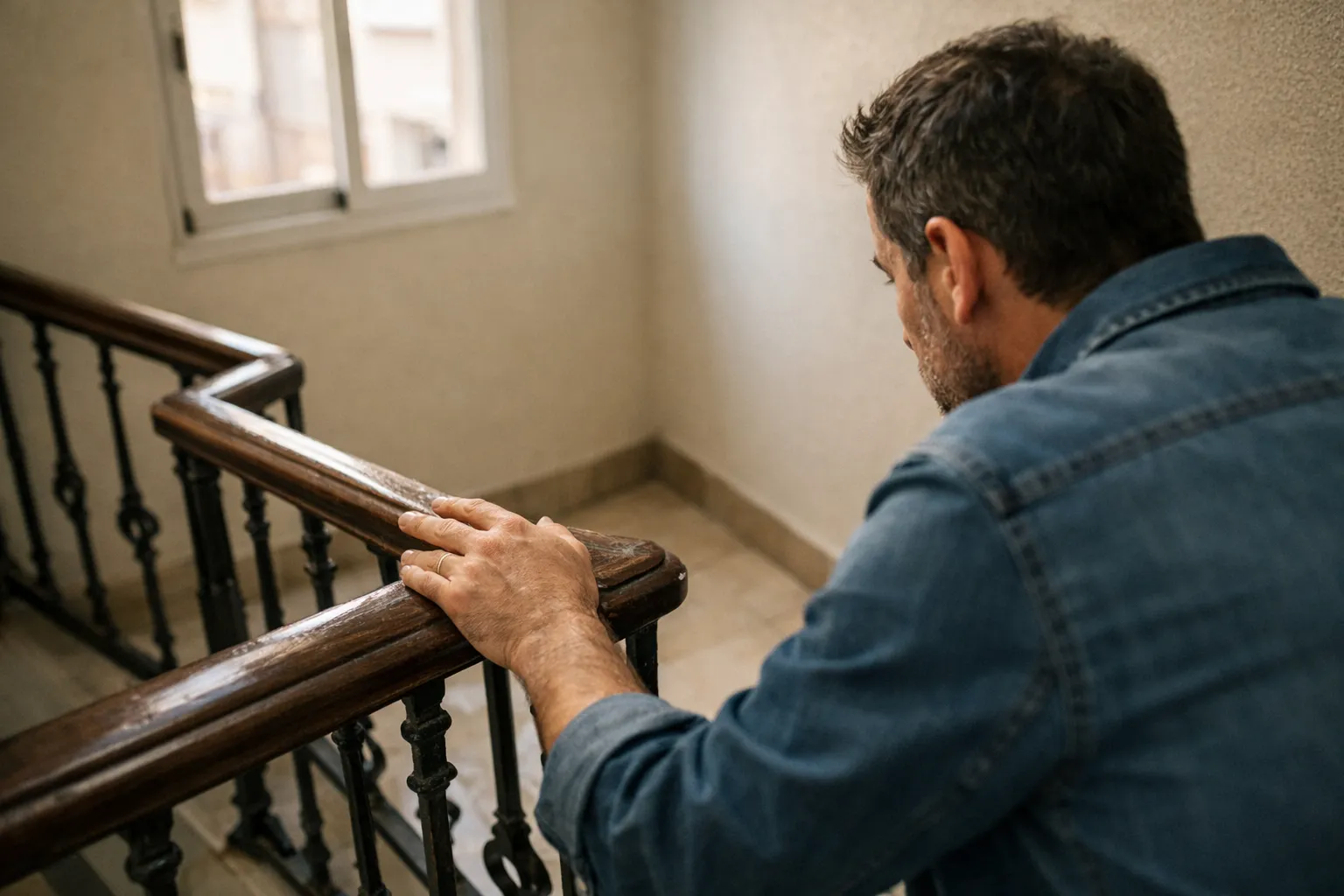 Persona evaluando el tramo de una escalera para elegir tipo de silla salvaescaleras