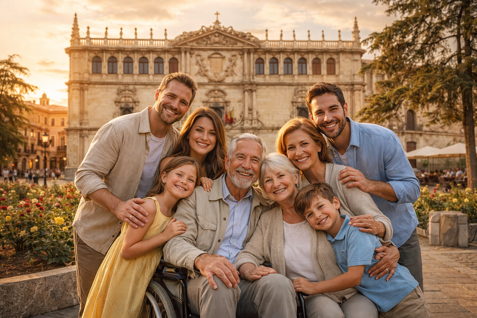 Familia de varias generaciones sonriendo junto a sus abuelos frente a un edificio histórico de Alcalá de Henares