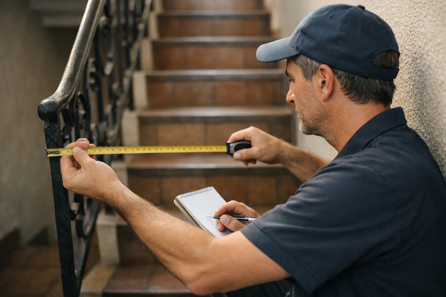 Técnico midiendo el ancho de una escalera durante la visita técnica gratuita