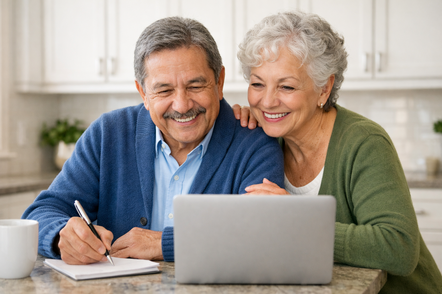 Pareja mayor sonriente consultando opciones de financiación en un portátil