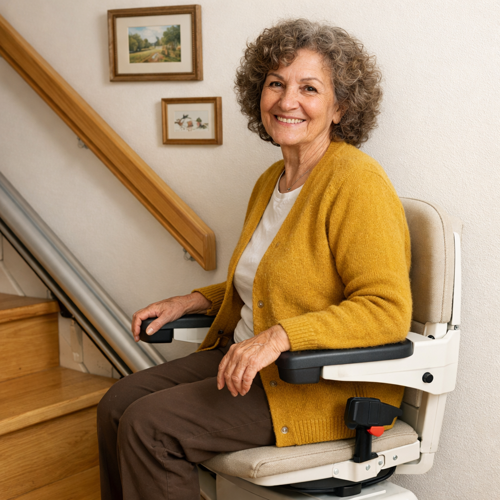 Usuaria sonriendo sentada en una silla salvaescaleras en su casa