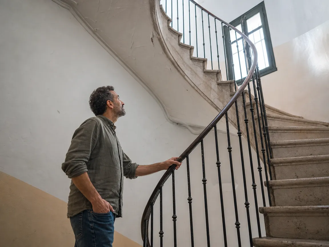 Silla salvaescaleras en edificios antiguos: escalera de caracol estrecha en un bloque antiguo